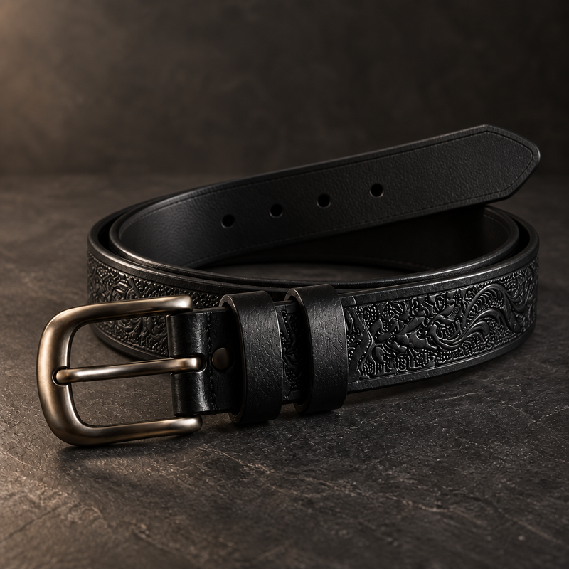DIRATH Tooled Belt in Midnight Black — full-length view of the hand-tooled full-grain leather strap with antique-brass buckle.