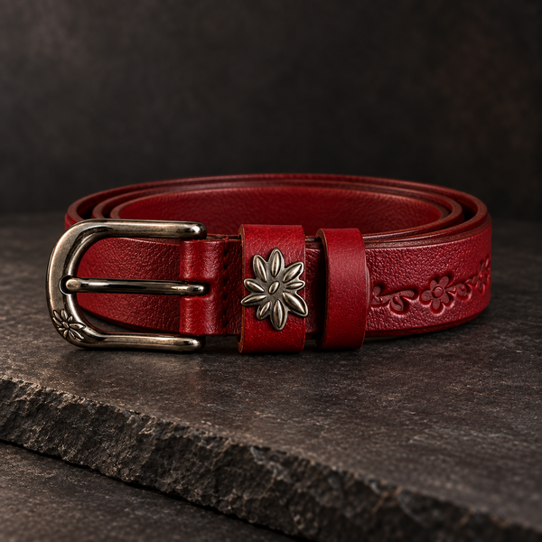 DIRATH Tooled Belt in Bordeaux — full-length view of the hand-tooled full-grain leather strap with gunmetal-and-nickel buckle.